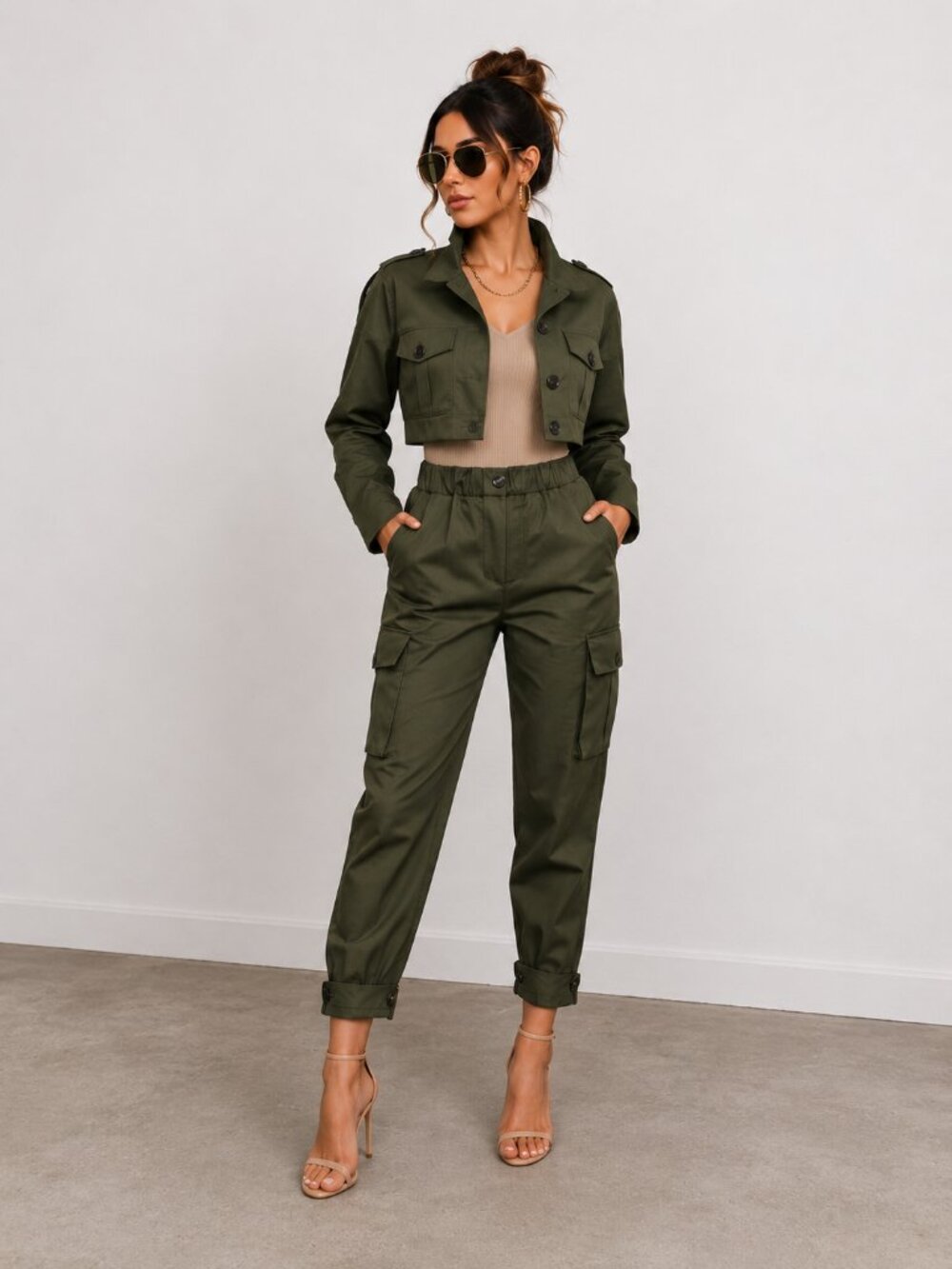 Olive Green Cropped Utility Jacket Streetwear Cargo Jacket NWT